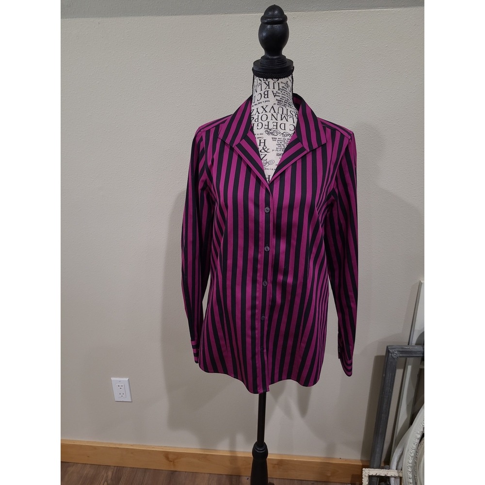 Foxcroft NYC Heritage non Iron fuschia black striped button up Blouse women SZ 8